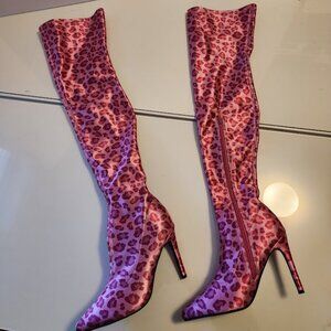 Sugar Thrillz Pink Leopard Print Thigh-High Heeled Boots